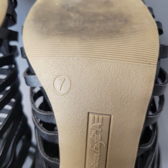 American Eagle Sandles Heels Shoes Womens 7 Black Strappy 3.5" Block Heel Buckle - Picture 13 of 15
